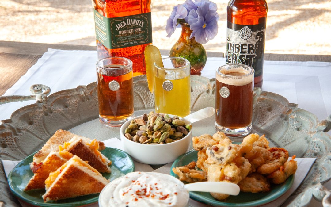 GRILLED PIMENTO CHEESE BITES AND FRIED DILL PICKLES WITH HORSERADISH SAUCE