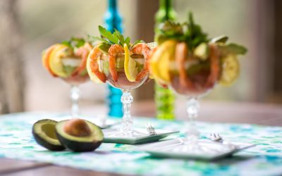 SHRIMP COCKTAIL WITH AVOCADO, GUACAMOLE, HORSERADISH SAUCE, AND COCKTAIL SAUCE